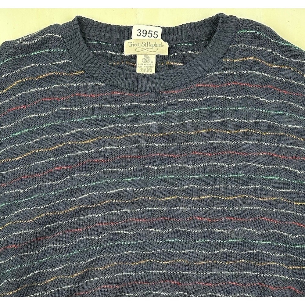 Vintage Tricots St Raphael Grandpa Sweater Mens Large Merino Wool Blue Colorful